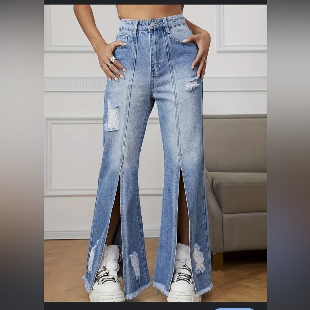 DenimColab Highwaisted Distressed Wide Leg Split Loose Hem XXL Jeans